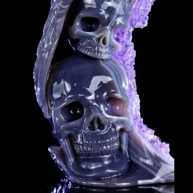 11.8" Amethyst Druse Agate Hand Carved Skulls and Owl Sculpture