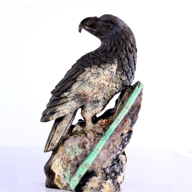 11" Natural Emerald Hand Carved Crystal Eagle Sculpture