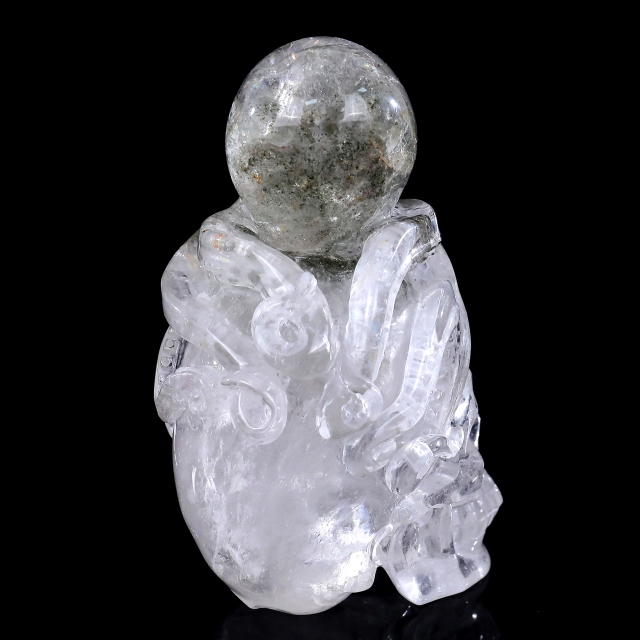 6-inch Hand Carved Clear Quartz Skull with Octopus - Natural Crystal Sculpture for Luxury Display & Spiritual Significance