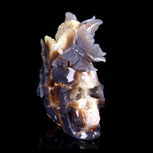 Exquisite 7-inch Geode Agate Skull & Butterfly Ornament - Handcrafted Artwork with Butterfly