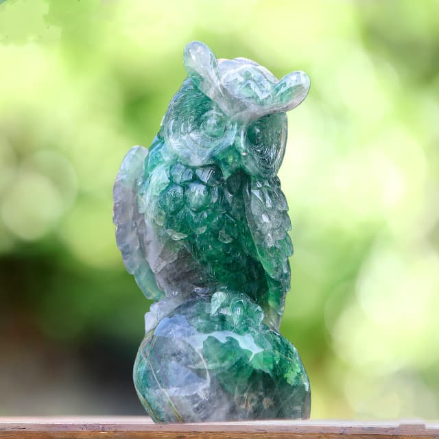 6.9" Fluorite Hand Carved Crystal Owl Sculpture