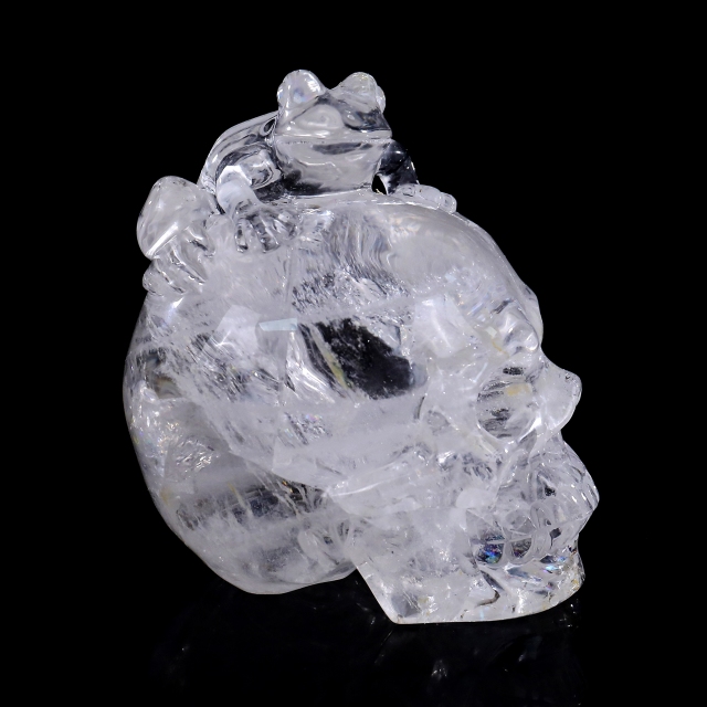 3.8-inch Hand Carved Clear Quartz Skull with Frog - Natural Crystal Sculpture for Spiritual Decor & Collection