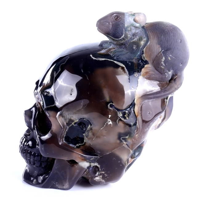 Hand-Carved Amethyst Cluster Skull with Mouse - Natural Gemstone Artifact for Crystal Collectors, Home Decor & Spiritual Practices