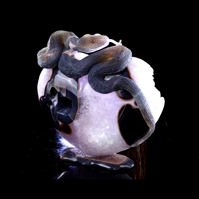 Hand-Carved Amethyst Cluster Heart Sculpture with Snake - Unique Crystal Artifact for Crystal Collectors, Home Accent & Spiritual Healing