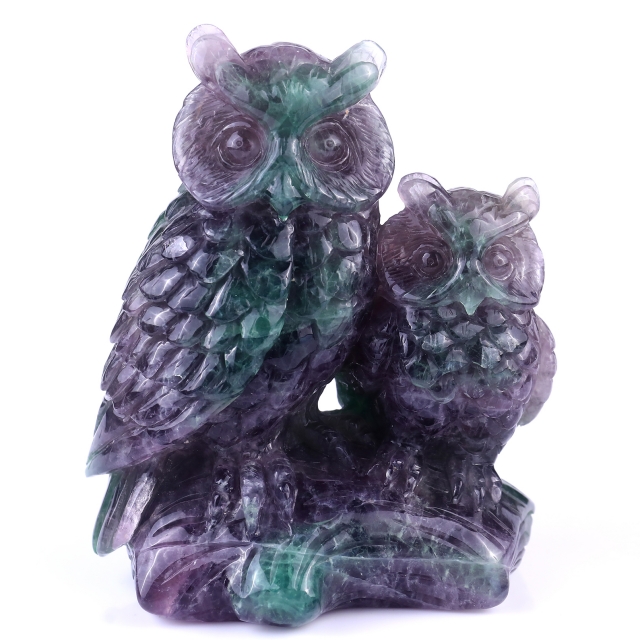  6.1" Fluorite Hand Carved Crystal Owls Sculpture