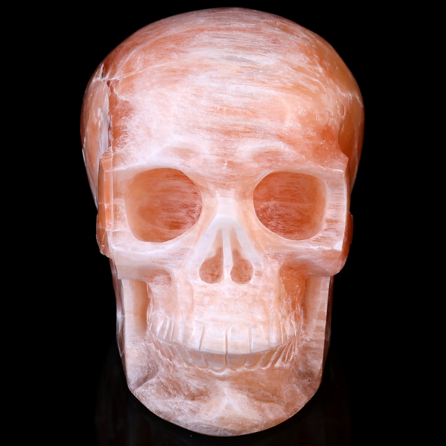 7.7" Orange Selenite Hand Carved Crystal Realistic Skull Sculpture