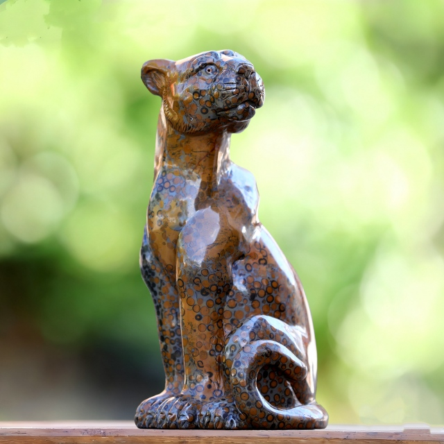 9.8" Leopard Skin Agate Hand Carved Crystal Leopard Sculpture