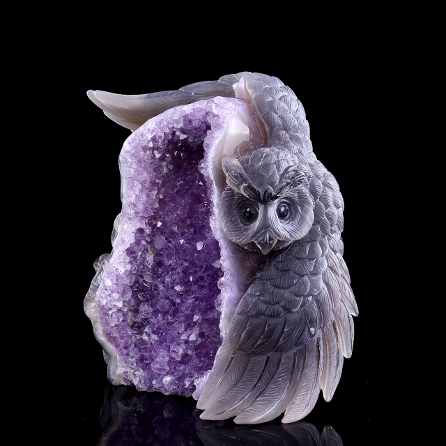 Hand-Carved Amethyst Cluster Owl & Snake Sculpture - Natural Gemstone Artifact for Crystal Collectors, Home Accent & Spiritual Healing