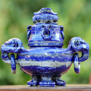 9.0” Natural Lapis Lazuli Hand Carved 3 Foot Censer with Lid Gemstone Tripod