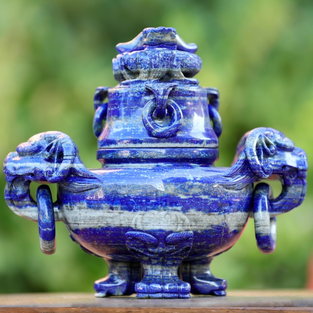9.0” Natural Lapis Lazuli Hand Carved 3 Foot Censer with Lid Gemstone Tripod