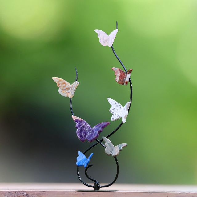 Natural Crystal Colorful Butterfly with Black Metal Stand