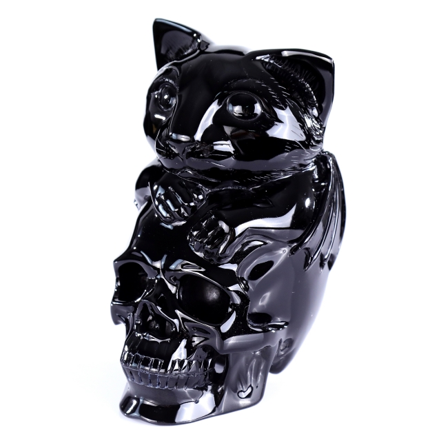7.8" Natural Black Obsidian Hand Carved Crystal Skull and Cat Sculpture