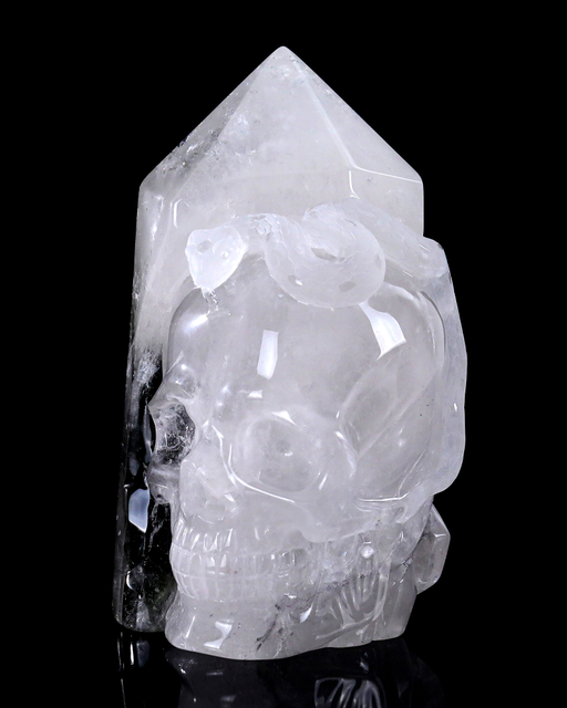 9.2" Natural Hand-Carved Phantom Quartz - Skull and Snake Gemstone Figurine