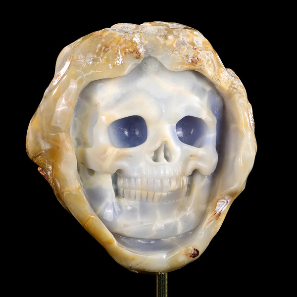 6.5" Natural Hand-Carved Geode Carved Raw Edged Blue Chalcedony Skull - Premium Gemstone Collectible