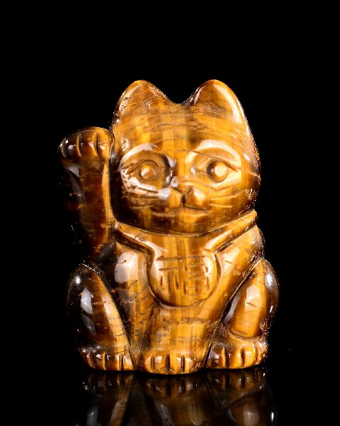 Tiger's Eye Maneki-Neko Carving - Handcrafted Feng Shui Lucky Cat Figurine for Wealth & Home Blessing