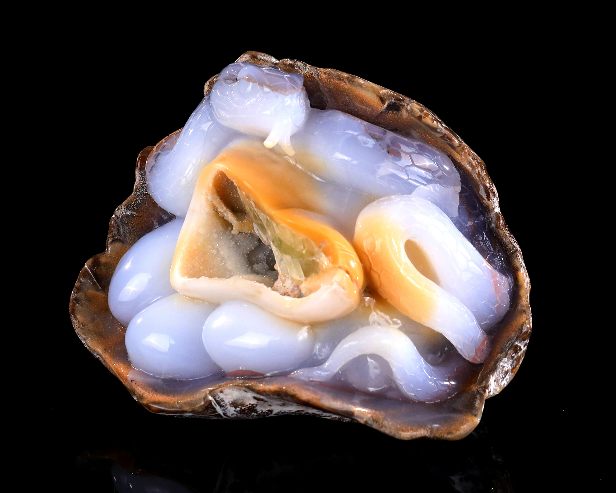 Natural Blue Chalcedony Geode Snake Carving - Handcrafted Crystal Animal Sculpture for Home Decor & Collection