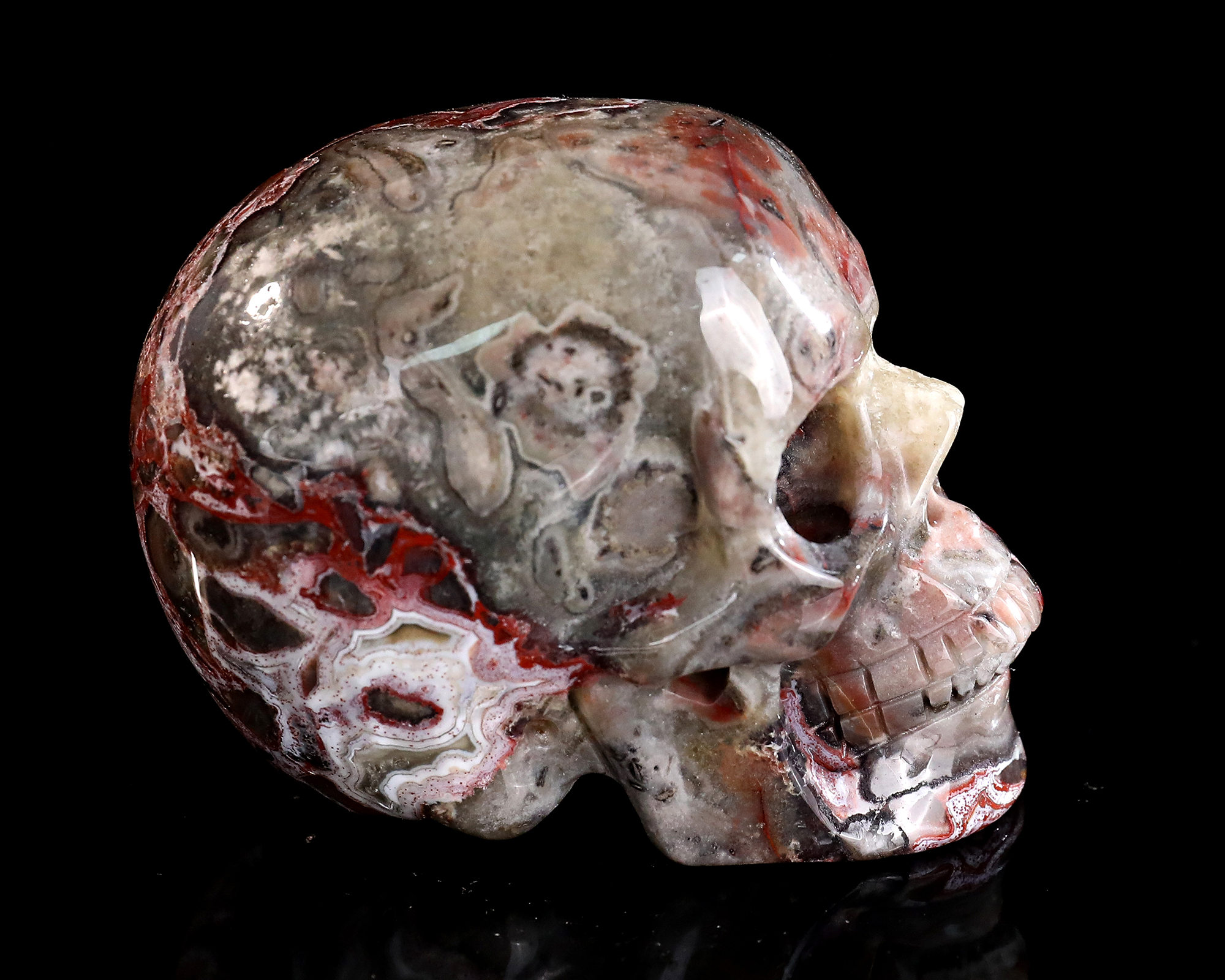 Intricate Veined Natural Red Lace Agate Skull - Artisan Crafted Crystal Sculpture