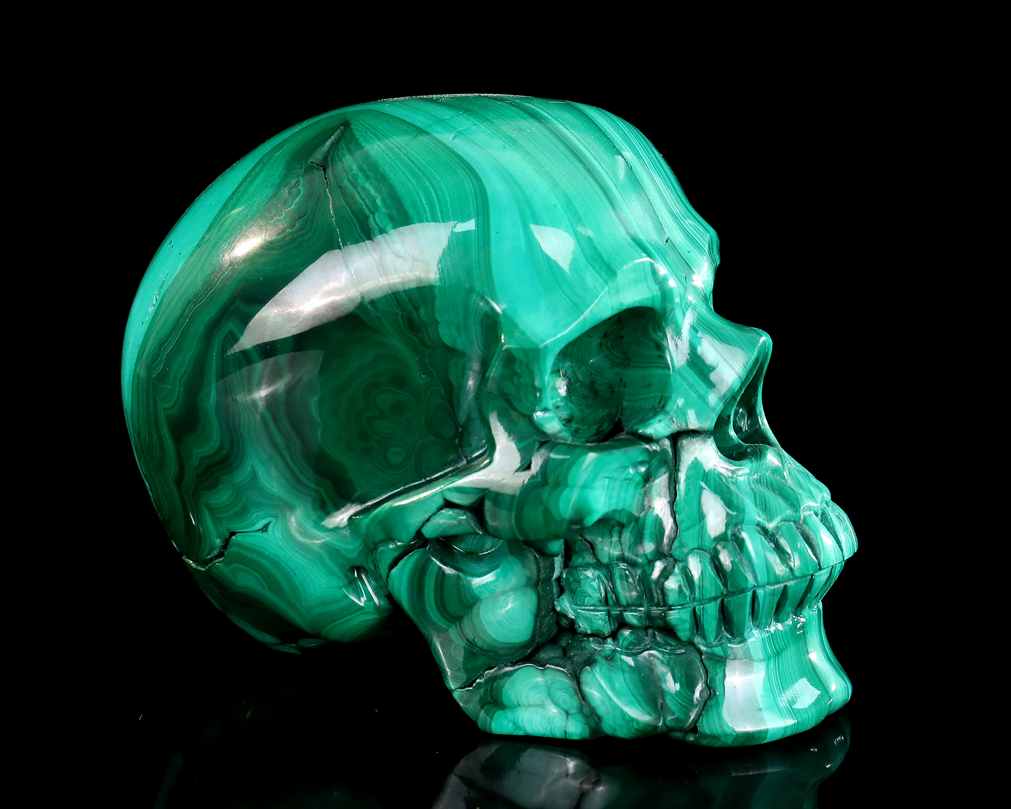 5.0" Hand-Carved Polished Natural Malachite Skull - Unique Gemstone Skull Art Piece