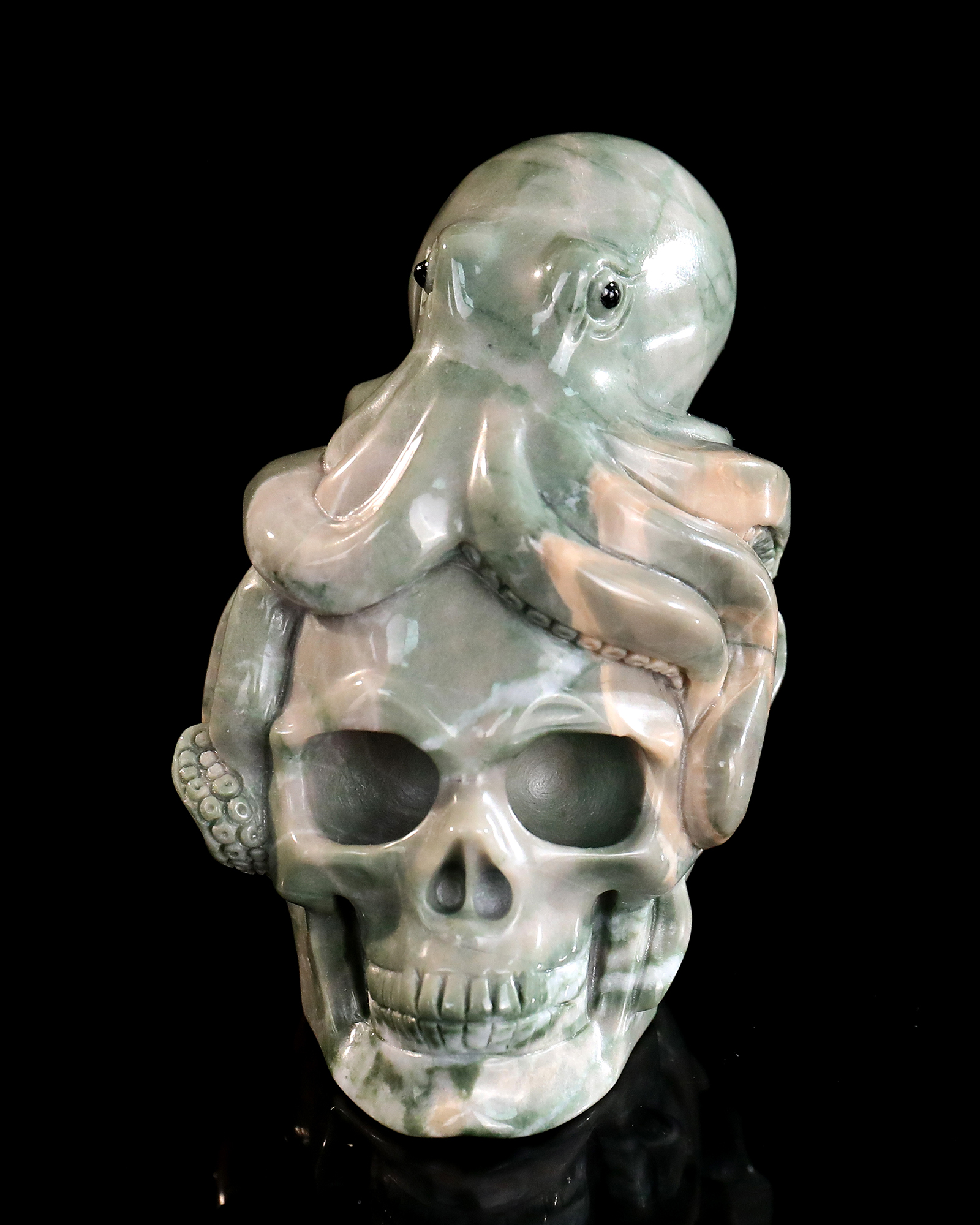 Natural Jiulong Jade Skull & Octopus Carving Handcrafted Gemstone Sculpture