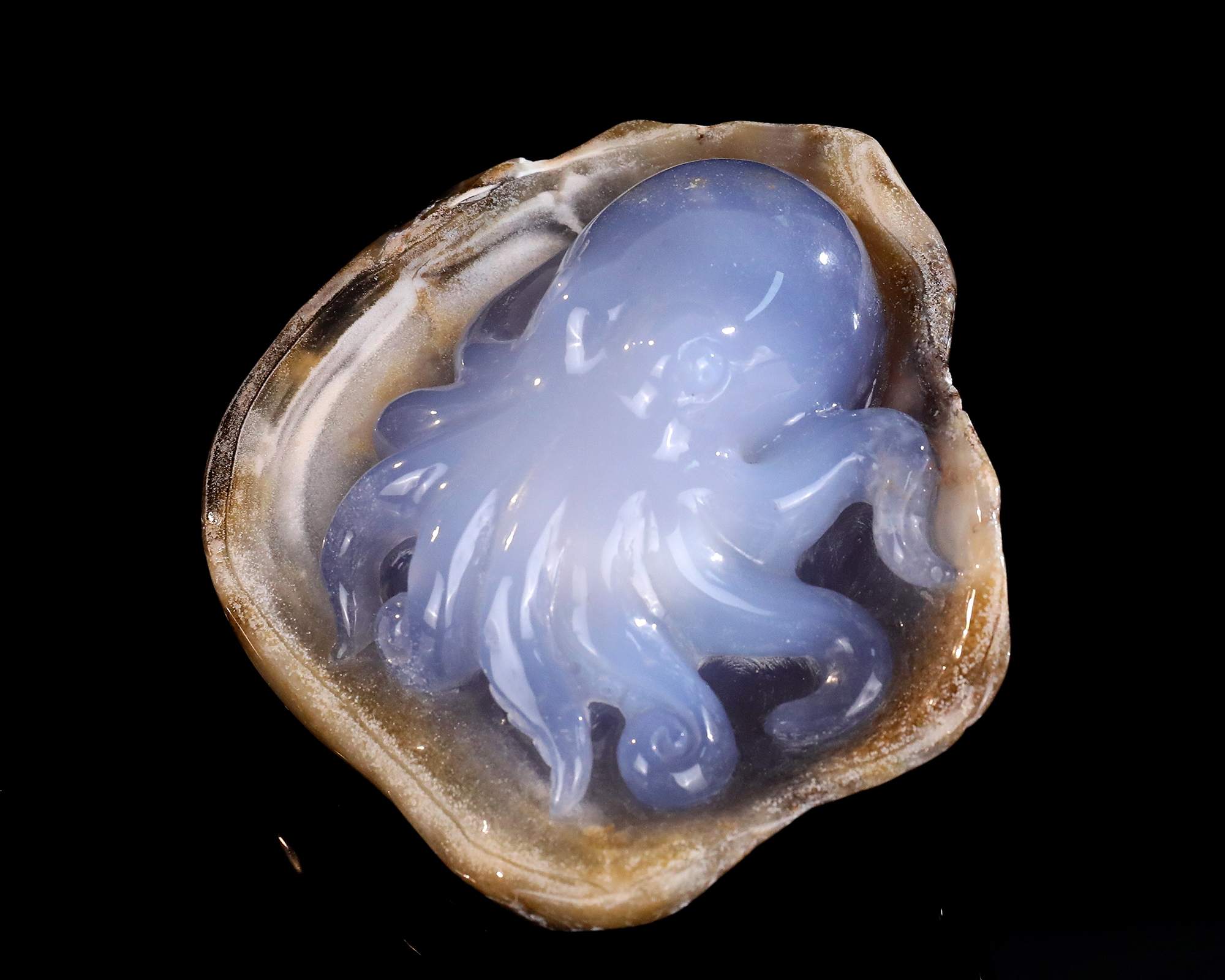 Natural Blue Chalcedony Octopus Carving Handcrafted Gemstone Figurine Stone Art Decor