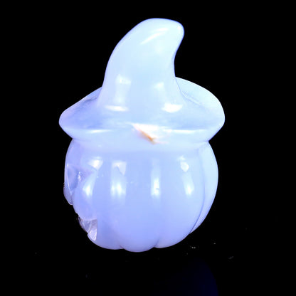 2.4” Natural Blue Chalcedony Hand Carved Crystal Wizard Pumpkin Sculpture, Halloween Gift