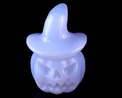 2.2” Natural Blue Chalcedony Hand Carved Crystal Wizard Pumpkin Sculpture, Halloween Gift