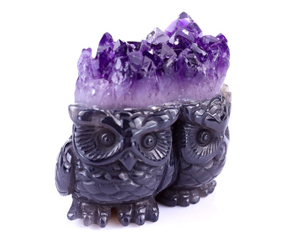 2.3" Amethyst Druse Agate Hand Carved Crystal Owls Sculpture