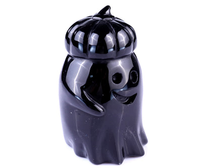 Cute 3.0" Black Obsidian Hand Carved Crystal Pumpkin Ghost Sculpture,Halloween Gift