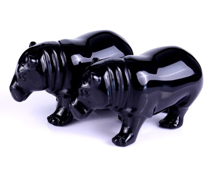 3.9" Black Obsidian Hand Carved Crystal Hippo Sculpture