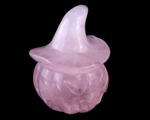 2.3” Natural Rose Quartz Hand Carved Crystal Wizard Pumpkin Sculpture, Halloween Gift