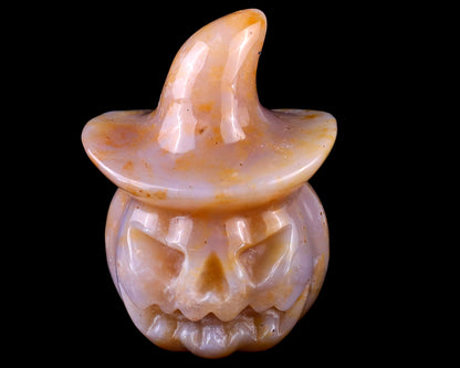 2.2” Natural Chalcedony Hand Carved Crystal Wizard Pumpkin Sculpture, Halloween Gift