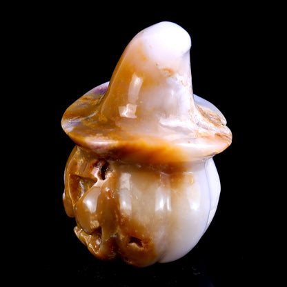 3.4” Natural Chalcedony Hand Carved Crystal Wizard Pumpkin Sculpture, Halloween Gift