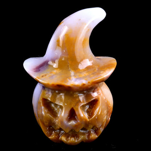 3.4” Natural Chalcedony Hand Carved Crystal Wizard Pumpkin Sculpture, Halloween Gift