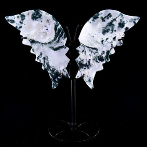 5.0" Moss Agate Hand Carved Crystal Butterfly Wings Sculpture