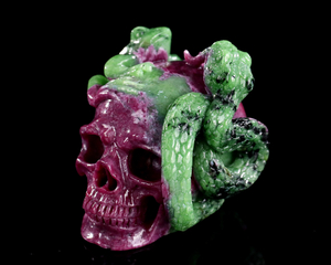 2.9-inch Hand Carved Rubellite and Garnet Frog with Snake Skull - Metaphysical Decorative Artwork