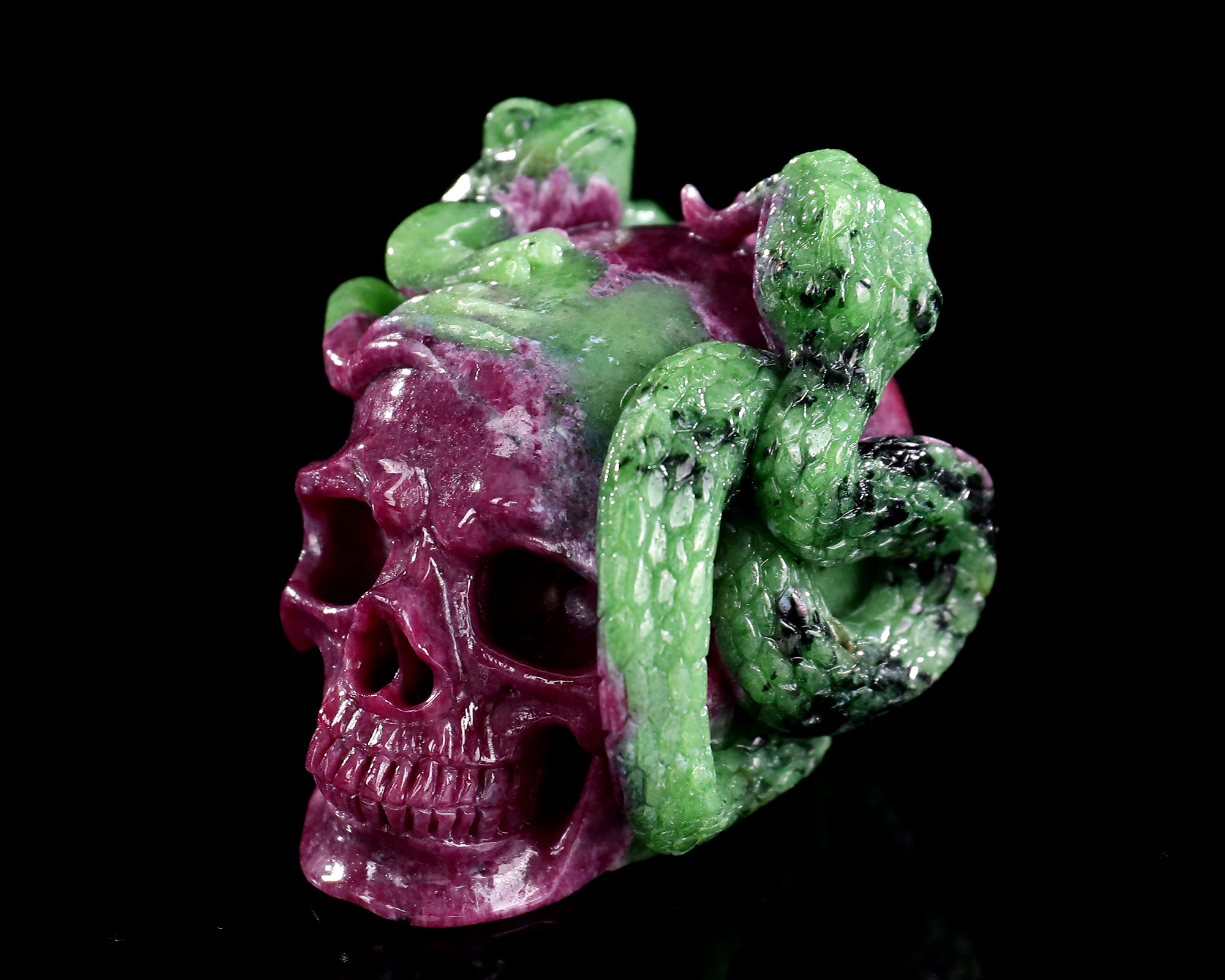 2.9-inch Hand Carved Rubellite and Garnet Frog with Snake Skull - Metaphysical Decorative Artwork