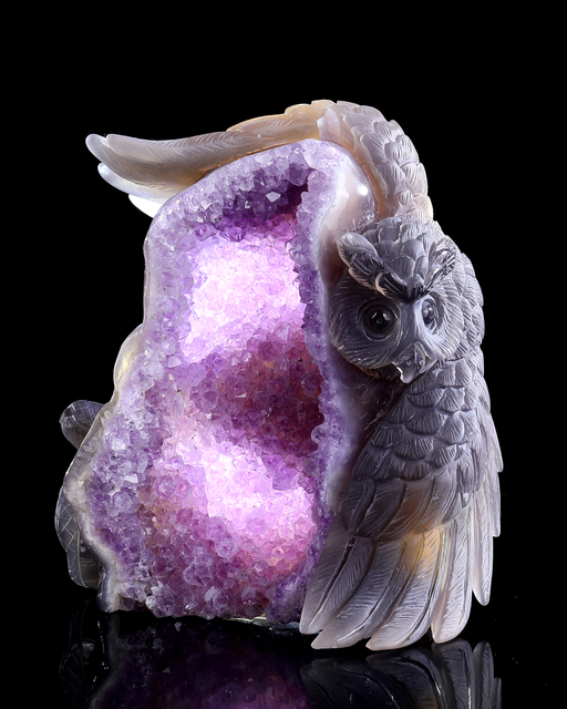Hand-Carved Amethyst Cluster Owl & Snake Sculpture - Natural Gemstone Artifact for Crystal Collectors, Home Accent & Spiritual Healing