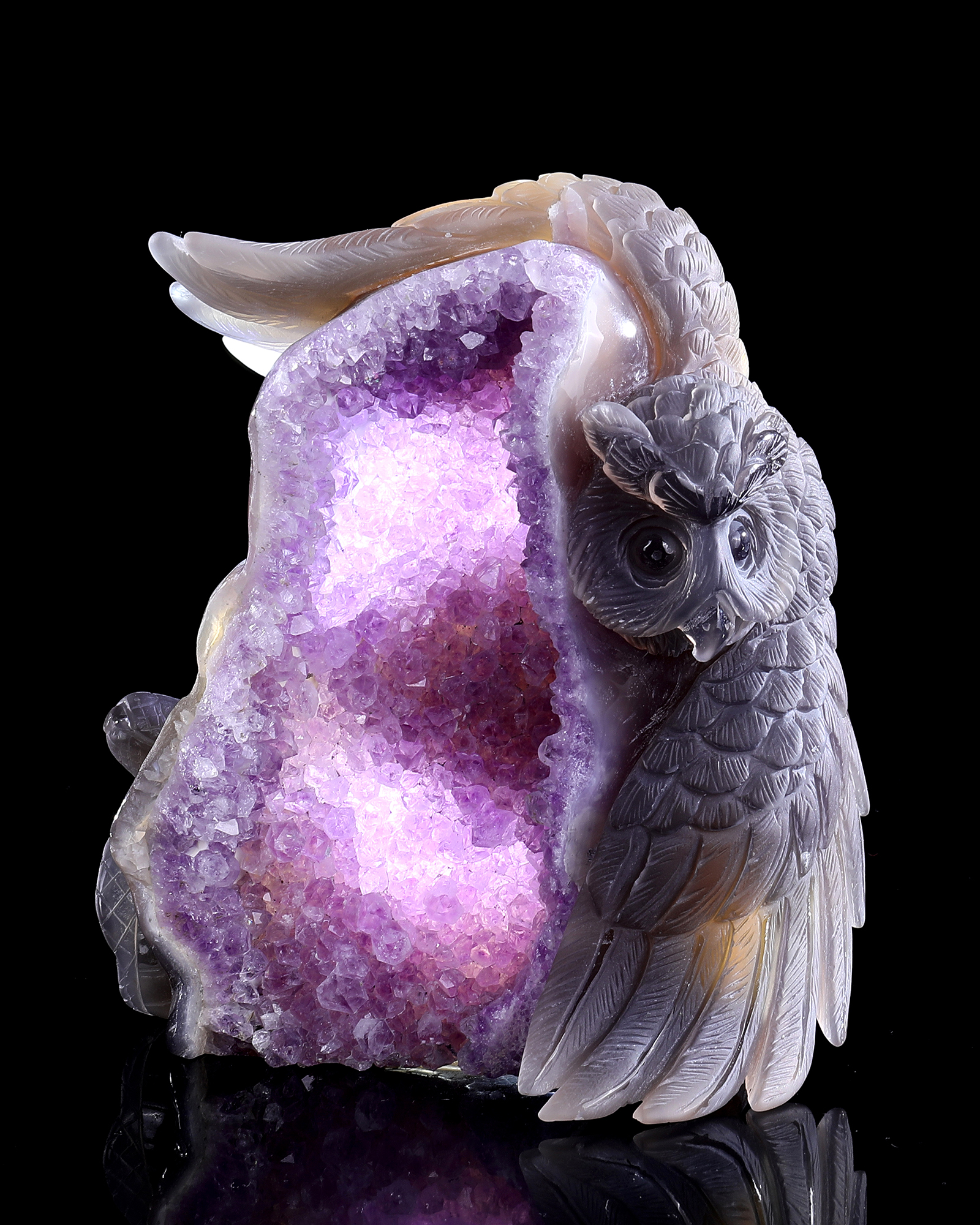 Hand-Carved Amethyst Cluster Owl & Snake Sculpture - Natural Gemstone Artifact for Crystal Collectors, Home Accent & Spiritual Healing