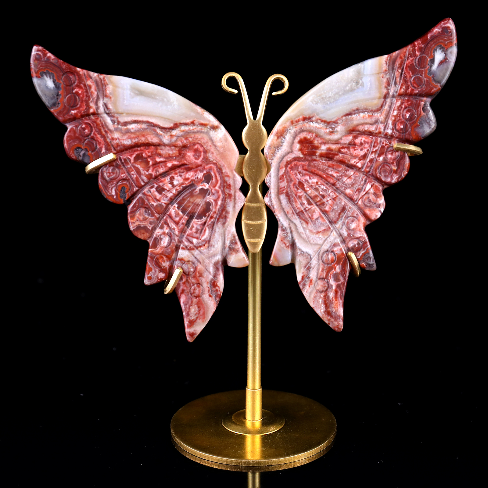 Wholesale Natural Red Crazy Lace Agate Bracket Butterfly with Copper Stand Spiritual Decor Crystal Handicraft Gemstones Souvenir