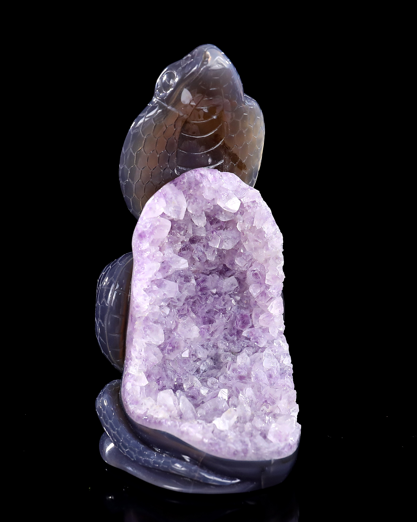 7 Inch Amethyst Cluster Snake Sculpture - Hand-Carved Crystal Figurine with Lifelike Design & Intricate Scale Details