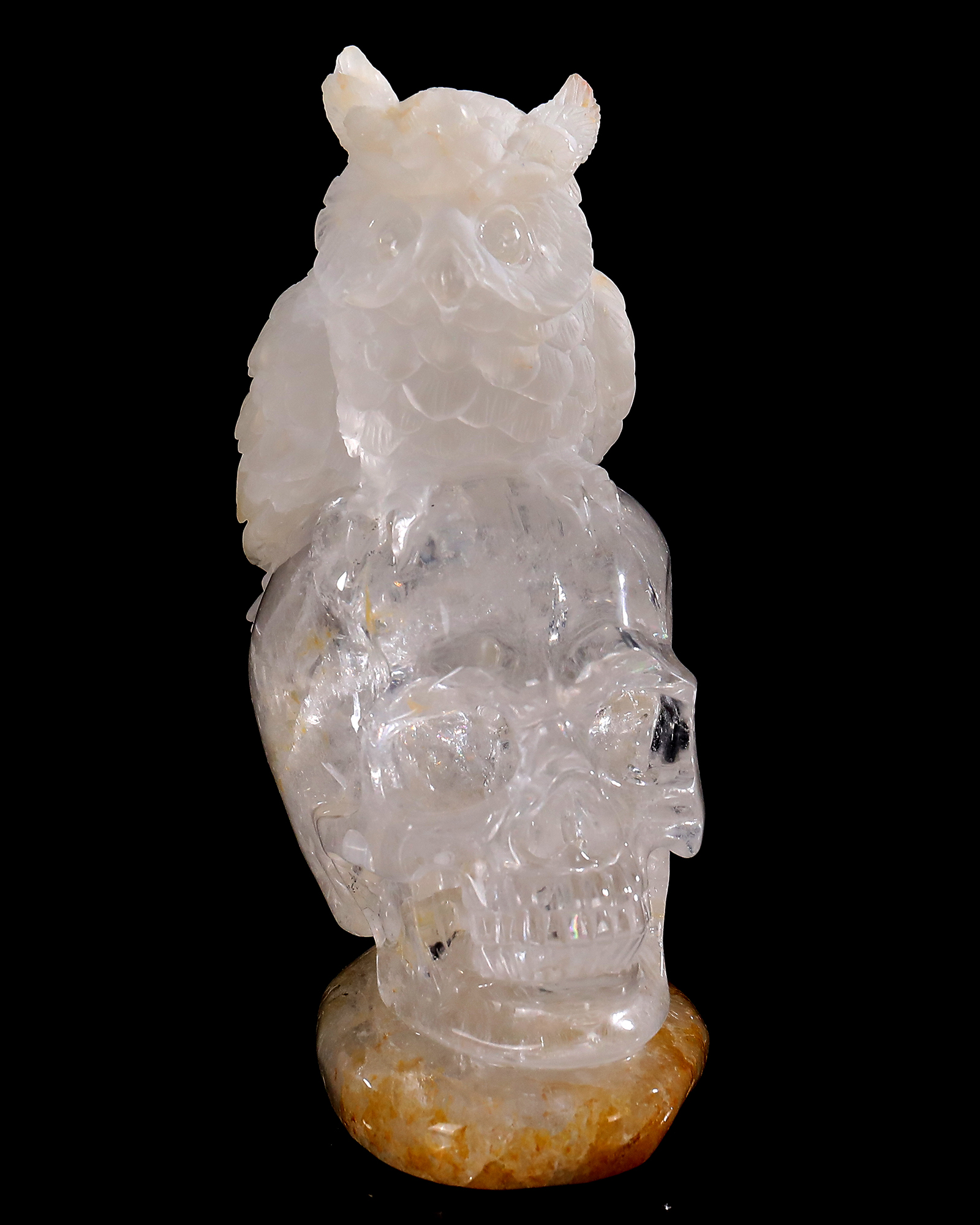 6 Inch Handcrafted Clear Crystal Skull with Owl Accent – Artisanal Carved Spiritual Decor