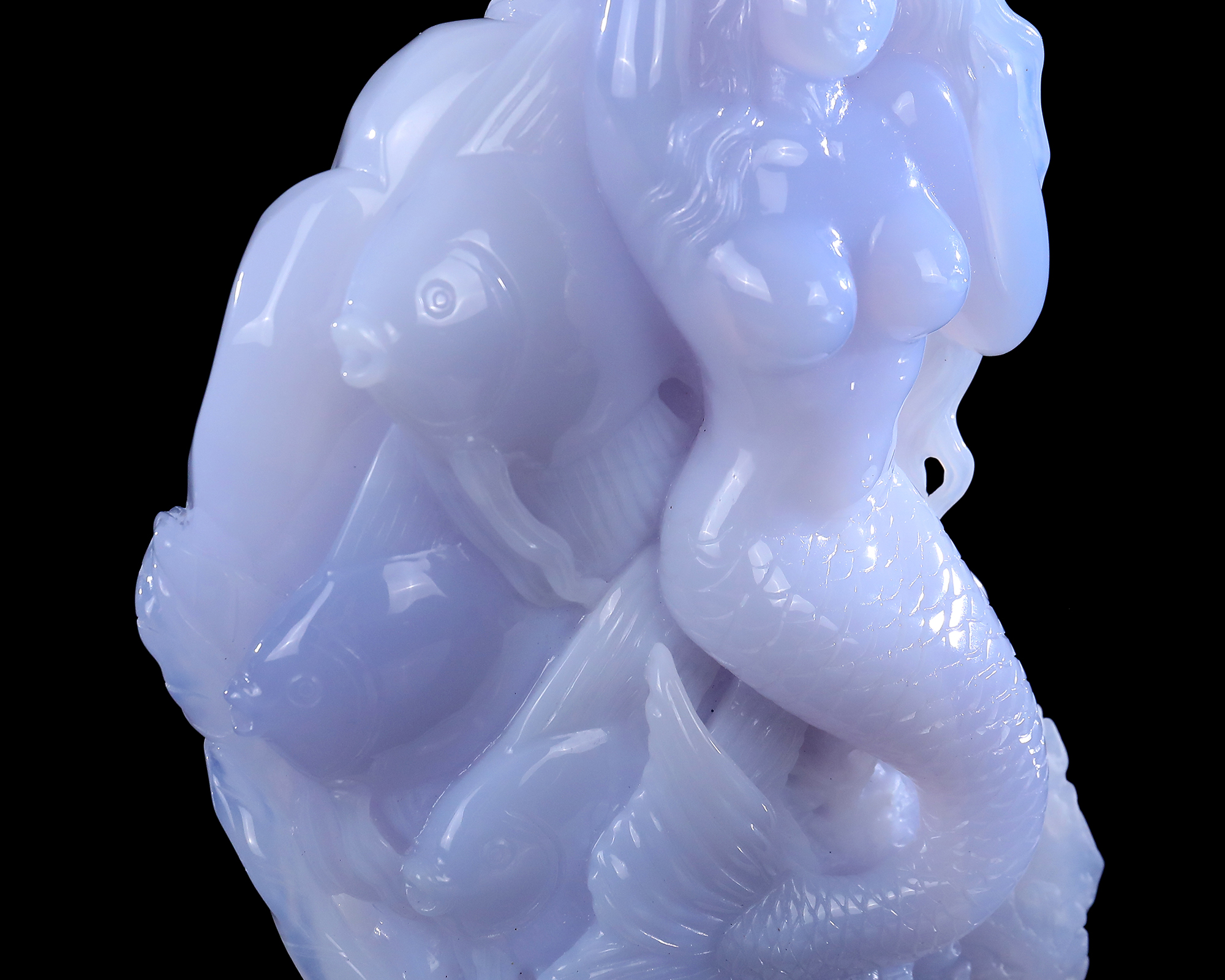 8 Inch Blue Chalcedony Mermaid & Goldfish Hand-Carved Statue - Lifelike Artisan Craft Decor