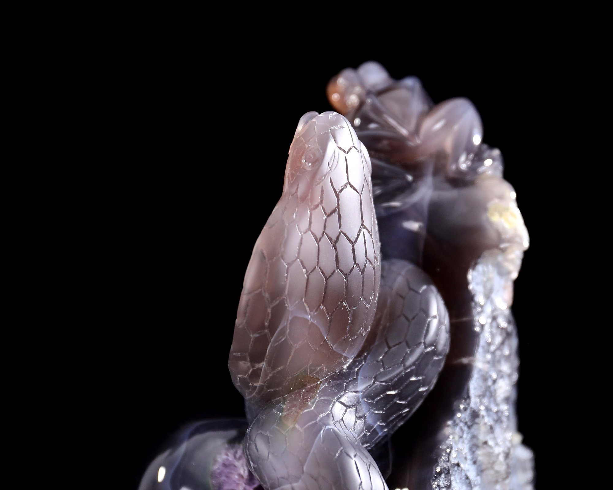 7.5 Inch Handcrafted Amethyst Geode Snake & Frog – Spiritual Crystal Carving with Harmony Symbolism