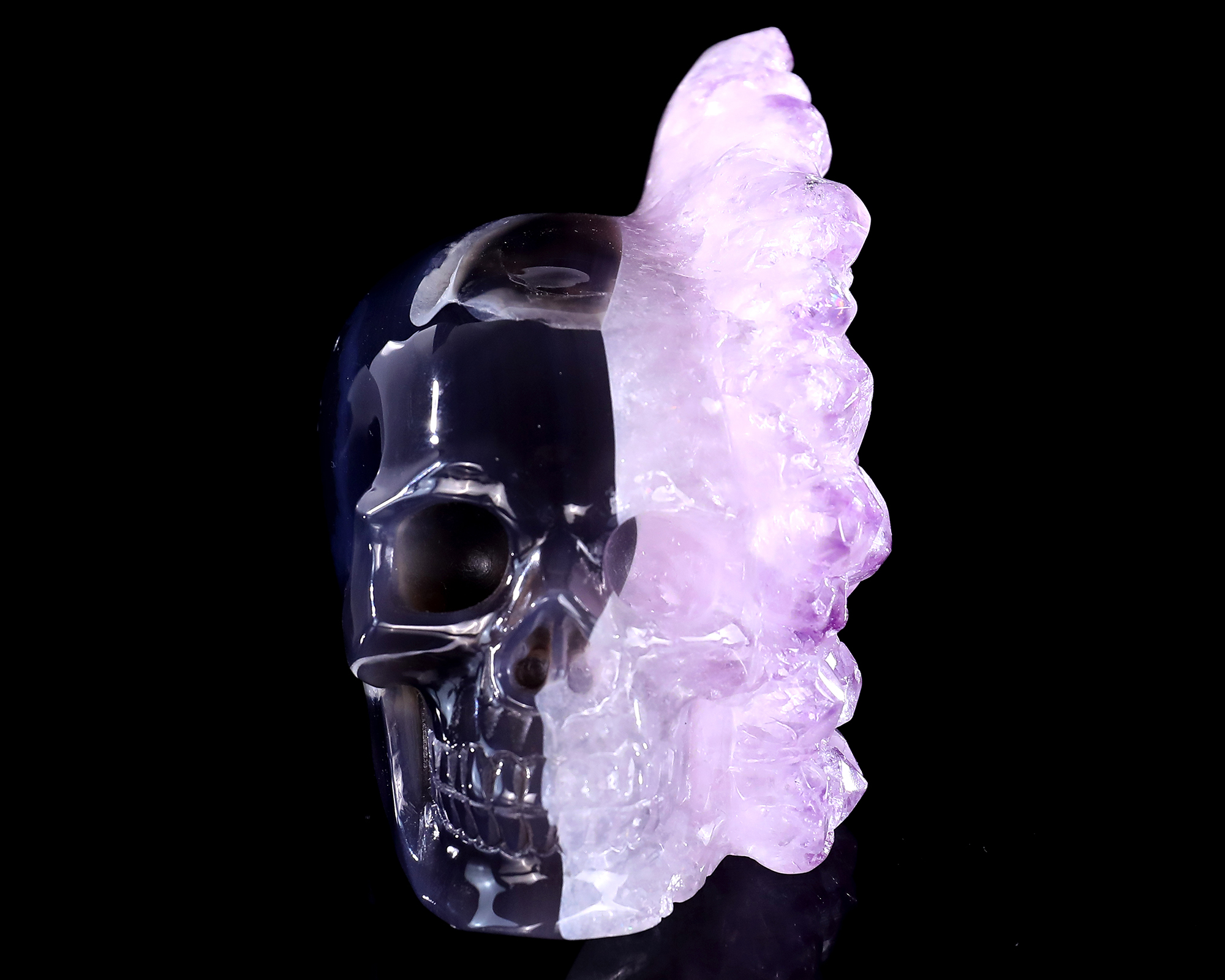 5" Amethyst Geode Agate Human Skull – Original Hand Carved Natural Crystal Skull Sculpture