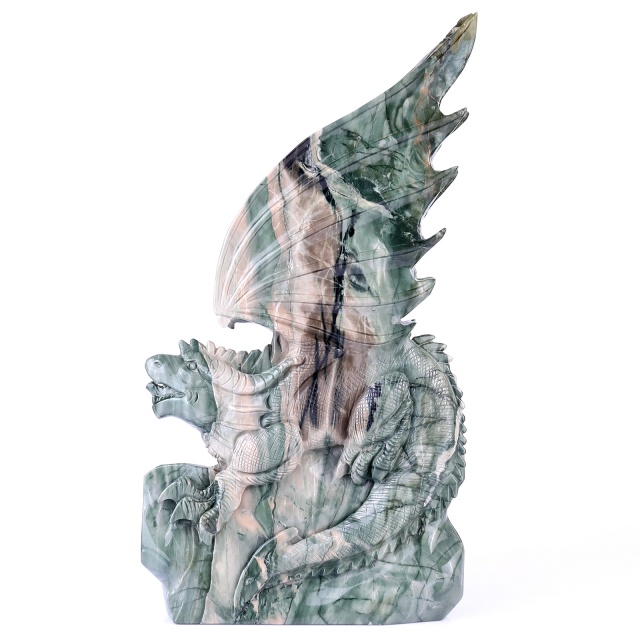  14" Jiulong Jade Hand Carved Crystal Dragon Sculpture