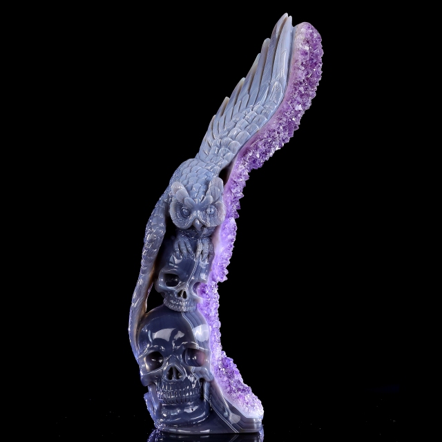11.8" Amethyst Druse Agate Hand Carved Skulls and Owl Sculpture