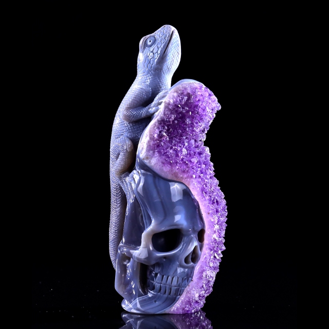 7.9" Amethyst Druse Agate Skull & Lizard Sculpture, Natural Crystal Gemstone Artifact for Luxury Decor
