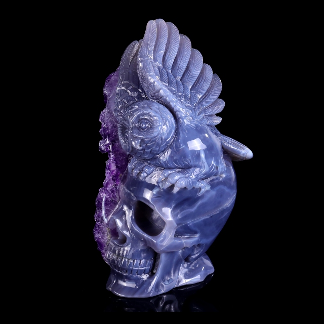 Unique 6.9" Amethyst Druse Agate Skull with Owl – Hand Carved Crystal & Mineral Specimen Sculpture for Collectors And Healing