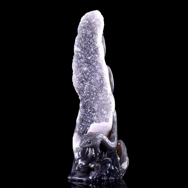 11.8 Inch Artisanal Amethyst Geode Snake & Frog – Hand-Carved Crystal Sculpture for Luxury Decor