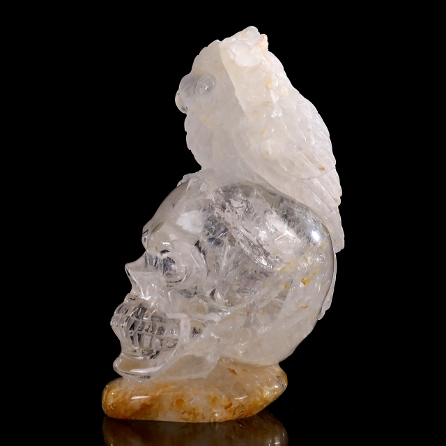 6 Inch Handcrafted Clear Crystal Skull with Owl Accent – Artisanal Carved Spiritual Decor